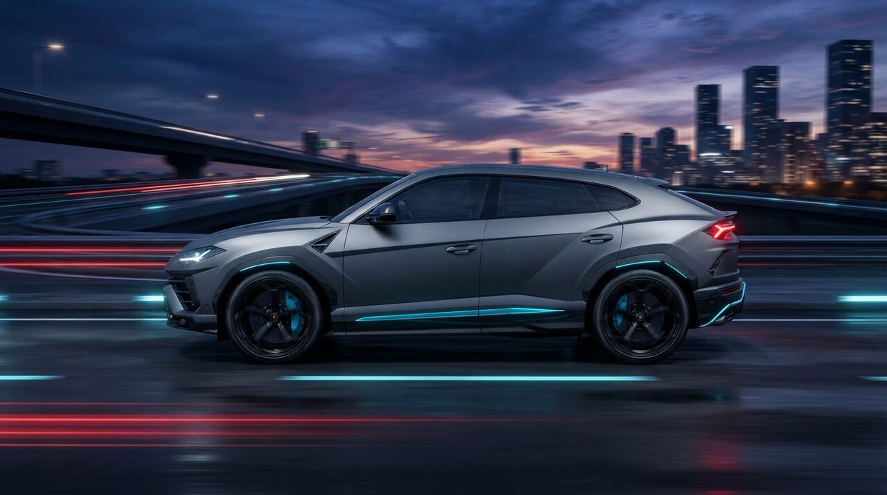 Lamborghini Urus cinza em movimento numa avenida à noite, com prédios ao fundo